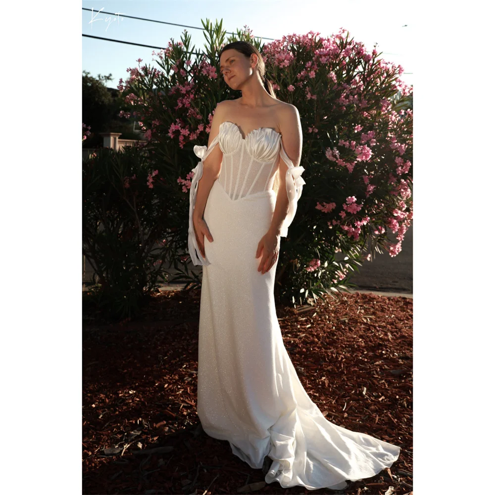 

Kyoto Customize White Glitter Floral Cup Wedding Dress Off Shoulder Mermaid vestidos de novia Fairy Small Train Evening Dresses