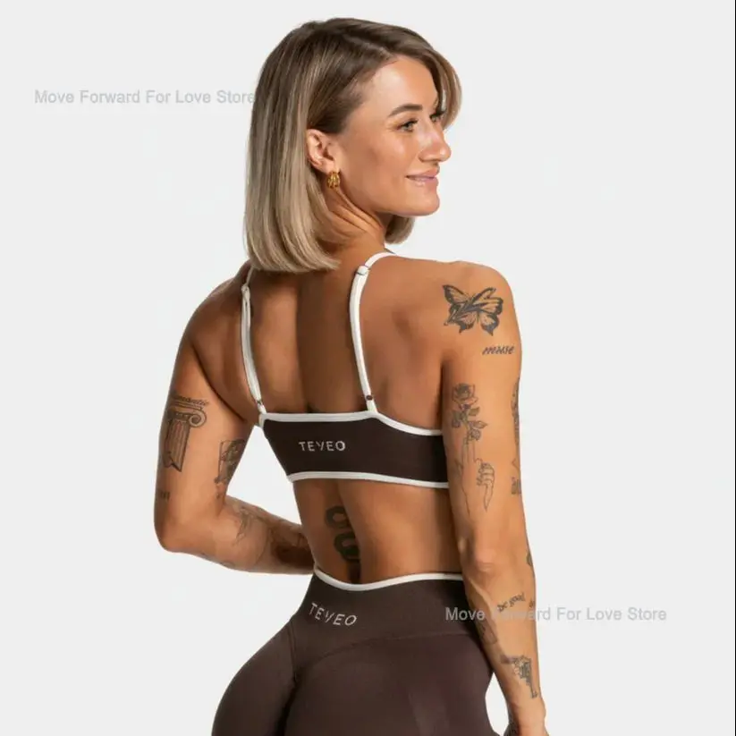 TEVEO-Sujetador deportivo de punto con espalda descubierta para mujer, Top deportivo de Color sólido para gimnasio y Fitness con cojín para el pecho, sujetador de Yoga con tirantes Sexy
