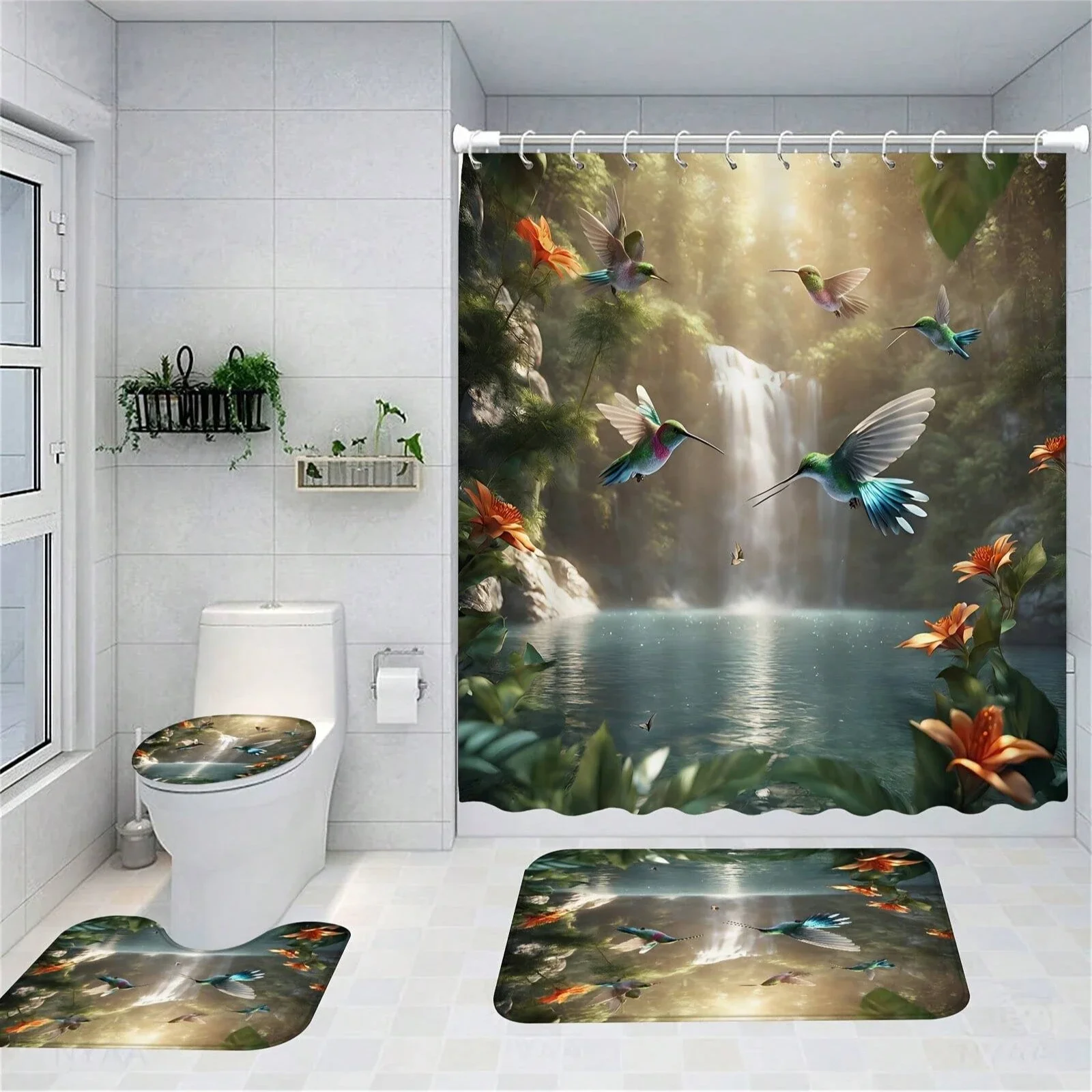 4pcs Modern style printing Shower Curtain Set With 12 Hooks, Anti-Slip Bathroom Mat, U-Shaped Toilet Rug, Bathroom Curtain Set