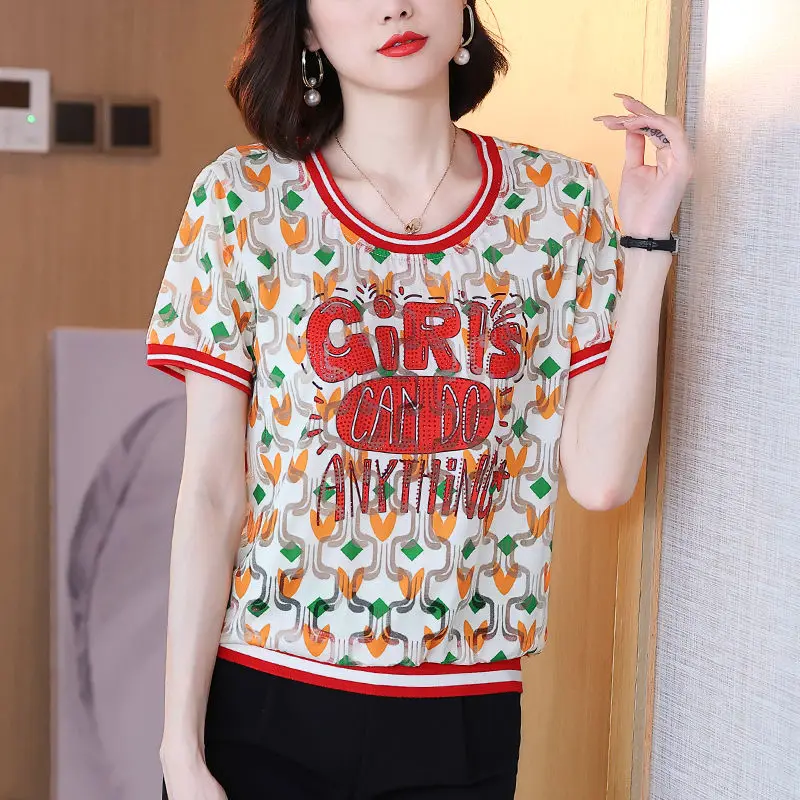 Casual Stylish O-Neck Pullovers Summer Screw Thread Commute Letter Printed Female Clothing Chic Diamonds Patchwork Loose T-shirt
