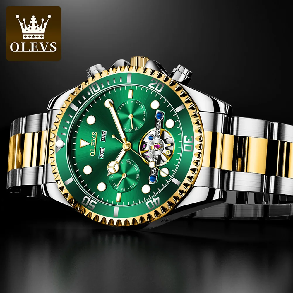 OLEVS Automatic Mechanical Watch for Men 42.8mm Big Dial Green Water Ghost Men\'s Wrist Watches Luxury Skeleton Noctilucent Watch