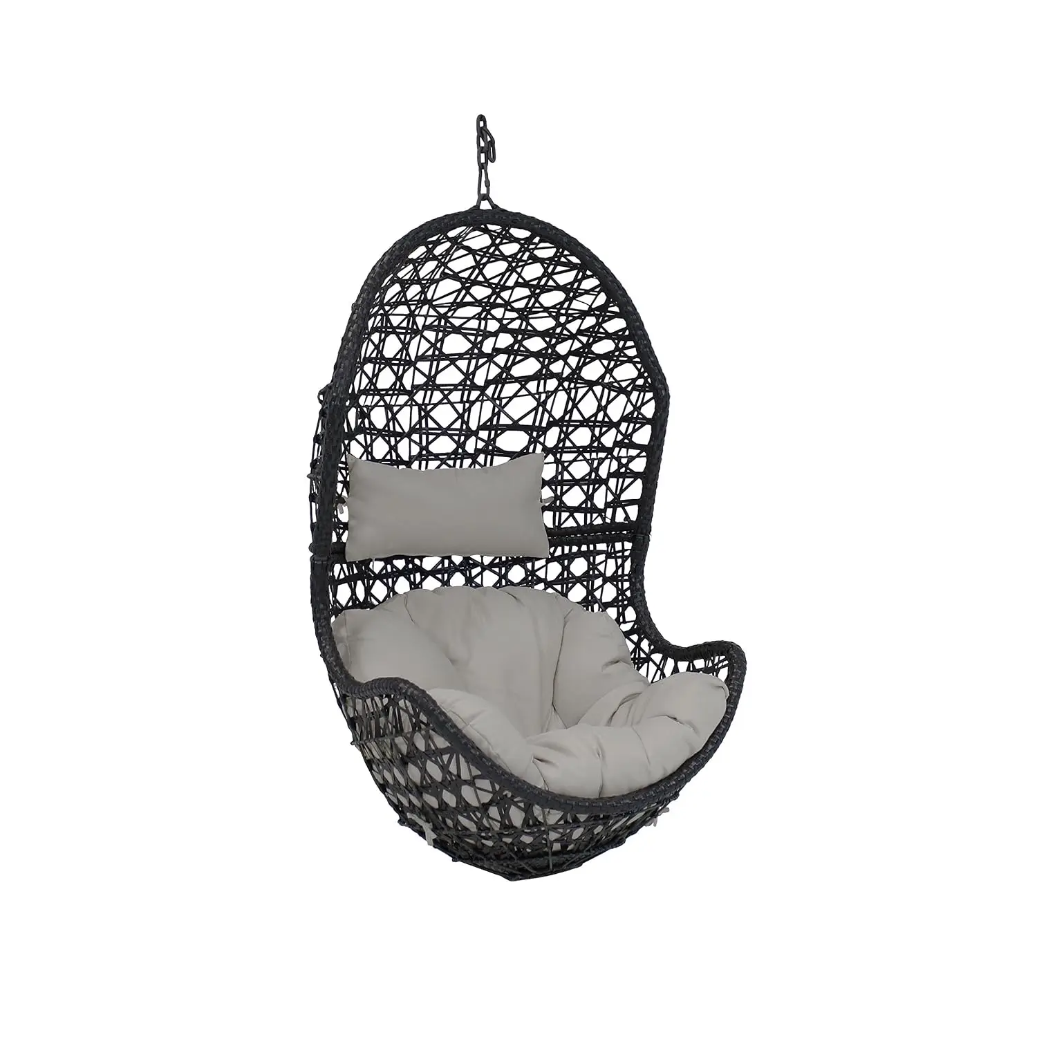 Resin Wicker Hanging Egg Chair with Gray Cushion & Headrest, 265lb Capacity, Indoor & Outdoor Patio Porch Swing, Customized
