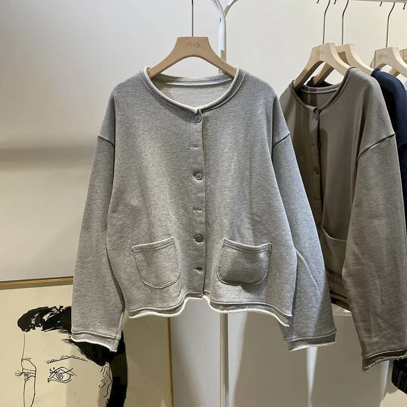 

Толстовки для женщин, свободная рабочая одежда в корейском стиле с круглым вырезом, однобортные кардиганы, пальто с длинными рукавами, повседневные женские топы