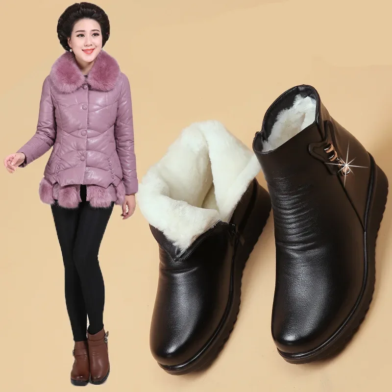 Winter Leather Boots Women\'s Side Zipper Warm Cotton Shoes Soft Sole Non-slip Thickened Fleece Flats Botines Para Mujeres