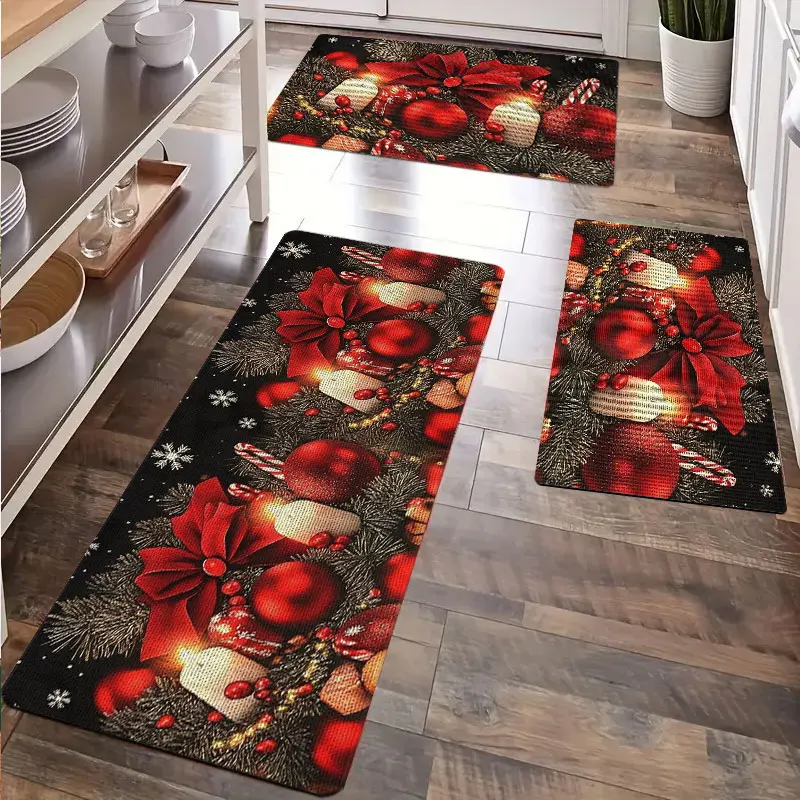 

Christmas Decorative Kitchen Carpet with Colorful Ball Print Flannel Material Suitable for Bedroom Dining Room And More