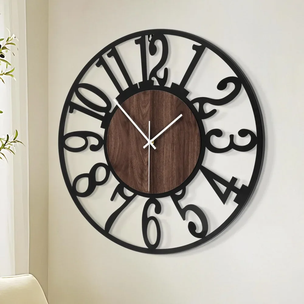 Large Wall Clock for Living Room Decor- Decorative Antique 24 inches or Larger Silent Non Ticking Black Metal Wood Clocks