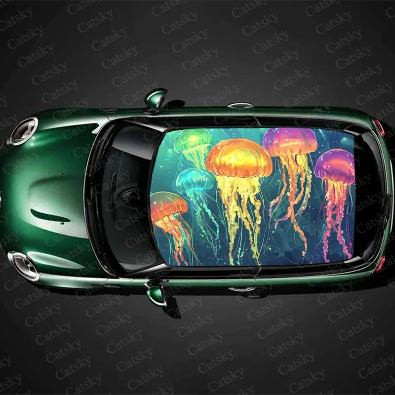 Glowing Animal Jellyfish Print Car Roof Sticker Wrap Racing SUV Auto Accessories Packaging PVC Car Hood Graphic Decal Decoration