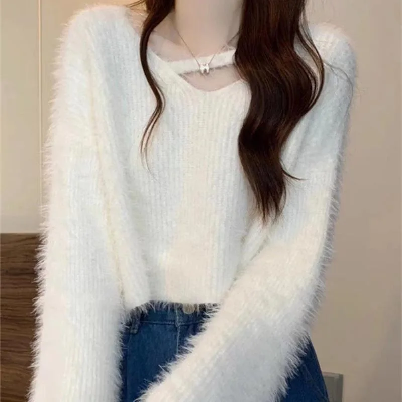 Imitation Mink Fur Soft And Sticky Knitted Sweater, Women's Long Sleeved Lazy Style Design, Autumn New Loose Short Top