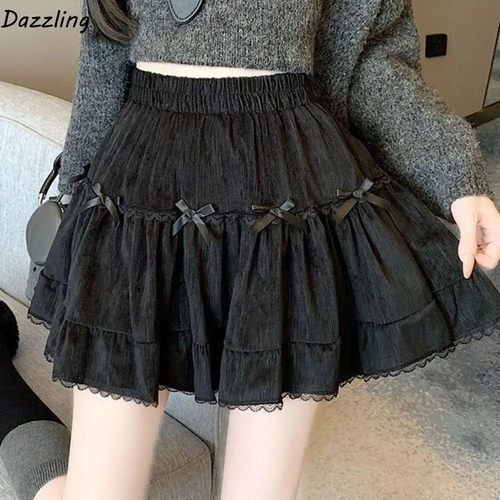 

High Waist Girls Short Mini Skirt with Safety Pants Ruffle Bowknot A-line Skirt Loose Cake Dress Lace Pleated Mini Skirts Girls