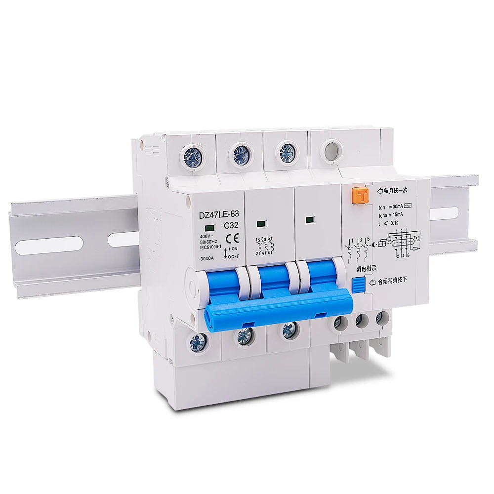 1 Pcs DZ47LE-63 3P 16-63A 400V Three-Phase Residual Current Circuit Breaker Overload Protection Industrial Grade