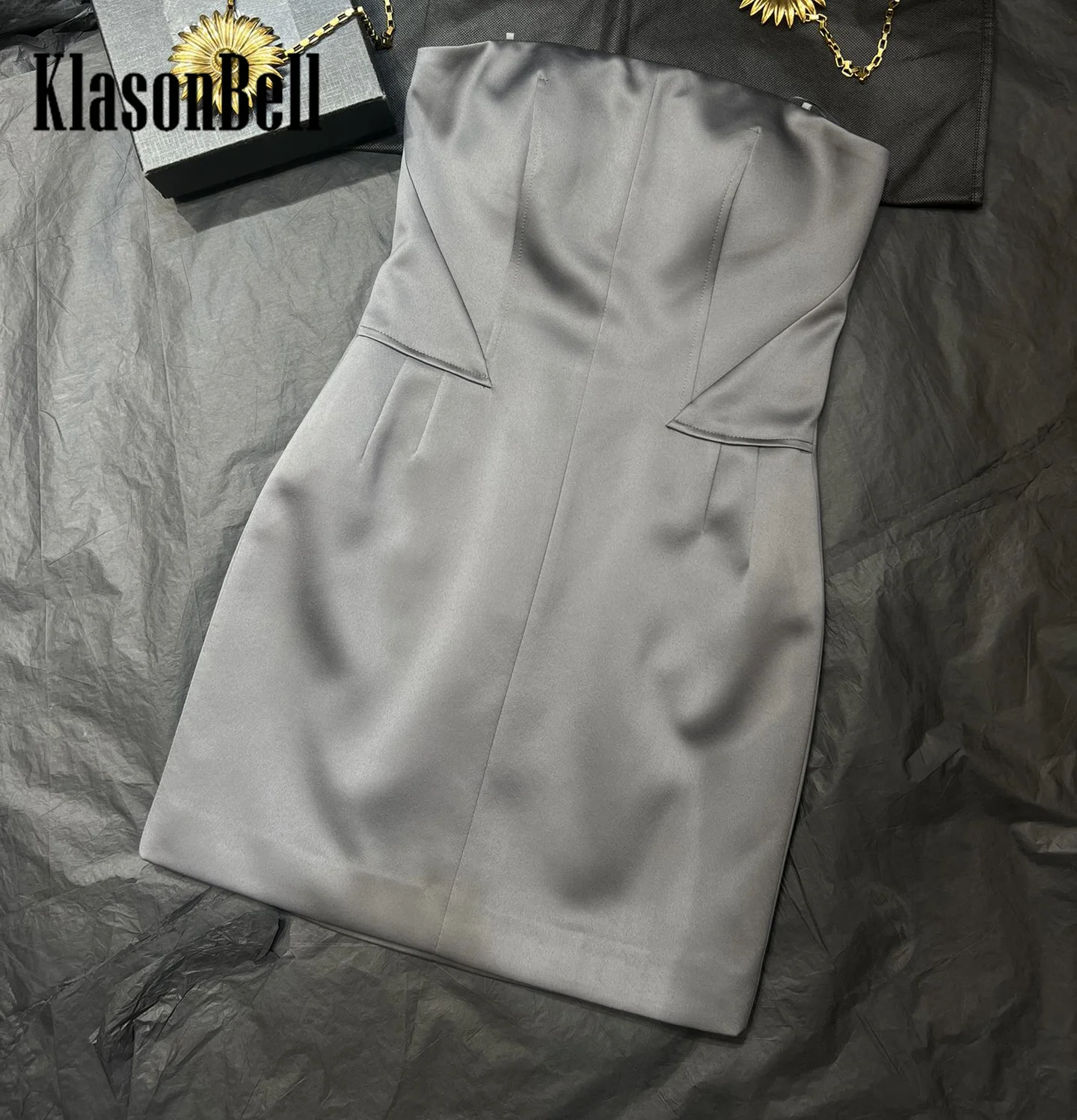 8.2 KlasonBell Women Personality Fashion Strapless Acetate Silk Blend Dress Sexy Party Collect Waist Spliced Package Hip Dress