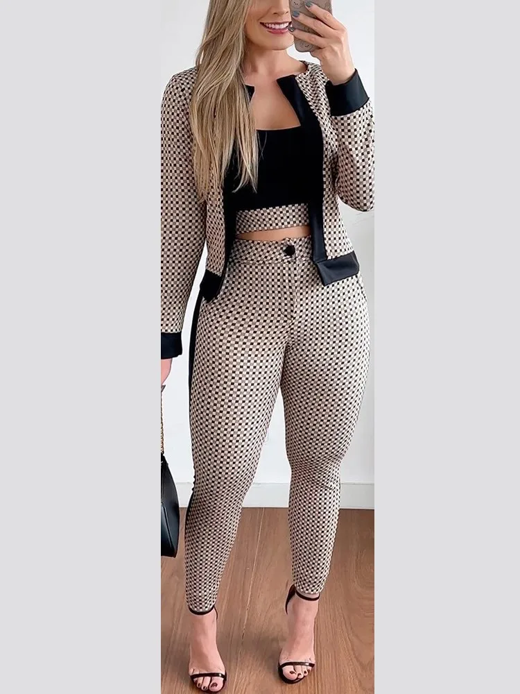 Fashion Houndstooth 3 Piece Set Tops And Slim Long Pant Suit Women Clothing Autumn Tank Cardigan Coat & Bodycon Pants 3pcs Sets