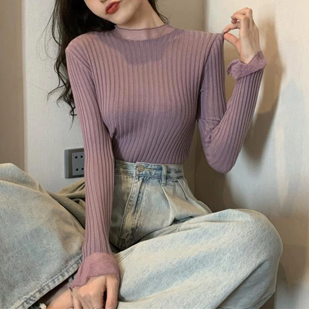 Women Tees Half High Neck Knit Sweater Solid Cute Casual T Shirt Size S-XL Long Sleeve New Flare Sleeve Fashion Style Clothing