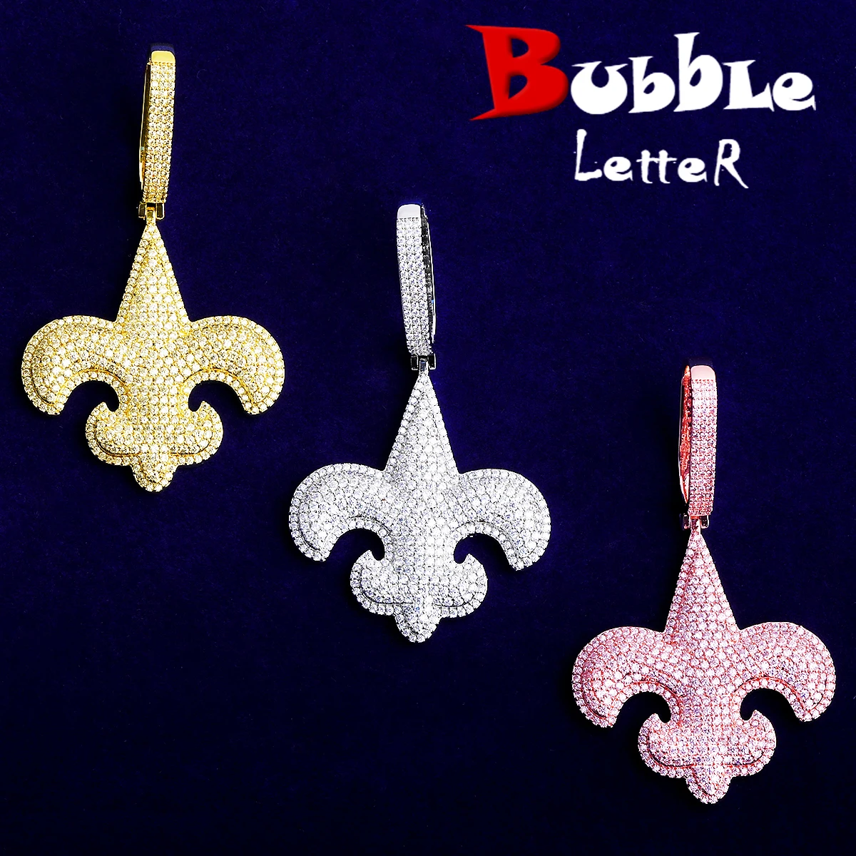 Bubble Letter Fleur-de-lis Iced Pendant for Men 5A Handset Cubic Zirconia Real Gold Plated Hip Hop Jewelry