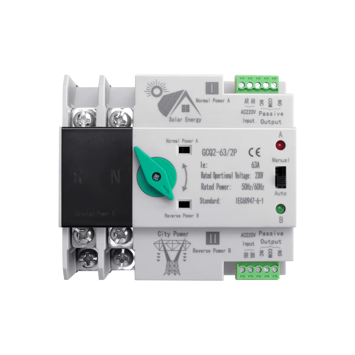 

Photovoltaic Solar Power ATS Automatic Transfer Switch Din Rail 2P 63A AC220V ATS PV System Power to City Power