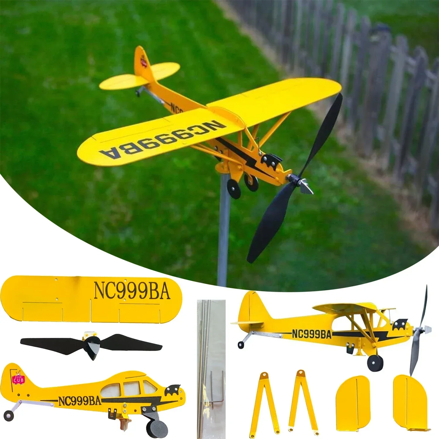 

3D Garden Decor Piper J3 Cub Wind Spinner Plane Metal Airplane Windmill Outdoor Roof Wind Speed Indicator DIY,Not Weathervane