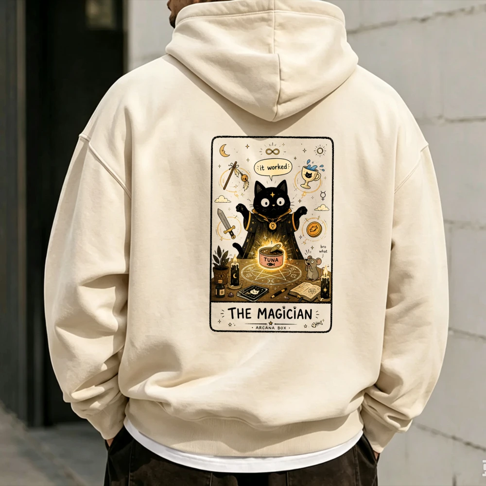 Funny Cream Tarot The Magician Hoodie Black Cat Wizard Tuna Magic Graphic Pullover Cute Cozy Unisex Women Fall Winter Gift Top
