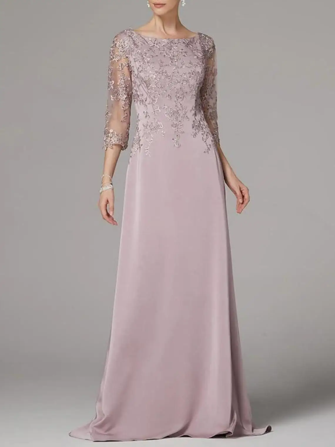 Gaun Prom A-line Elegan Model Fashion Kerah Kotak Bahan Sifon Lengan 3/4 Aplikasi Payet Ekor Sapu Gaun Malam 2025 dapat dipesan sesuai keinginan