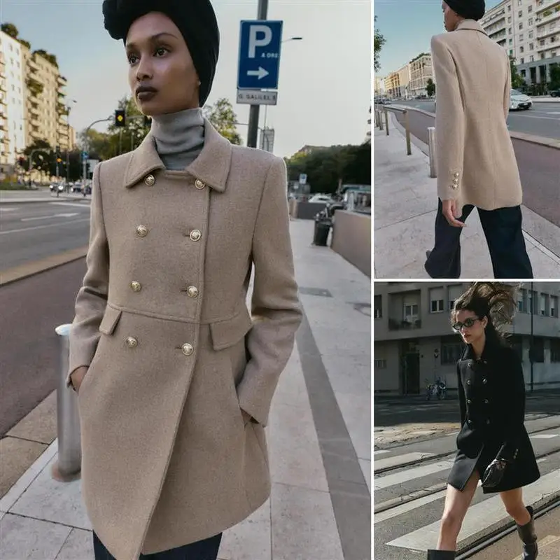 

Позолоченное многослойное двубортное пальто с цветочными пуговицами и длинным светом с отложным воротником, верхняя одежда, осенний женский костюм для поездок на работу