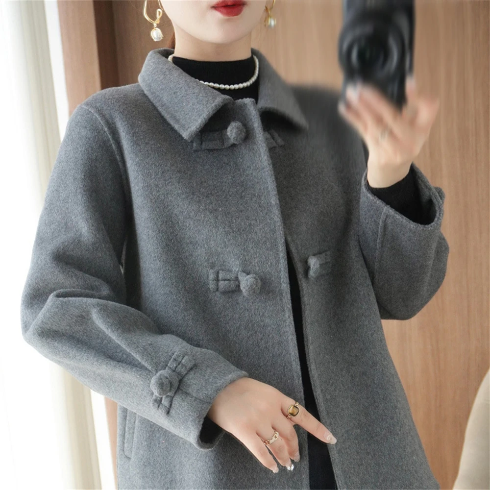 1pcs New Chinese Style Double-sided Cashmere Coat Women's Autumn Winter Doll Collar Short Temperament Elegant Woolen Coat Gift