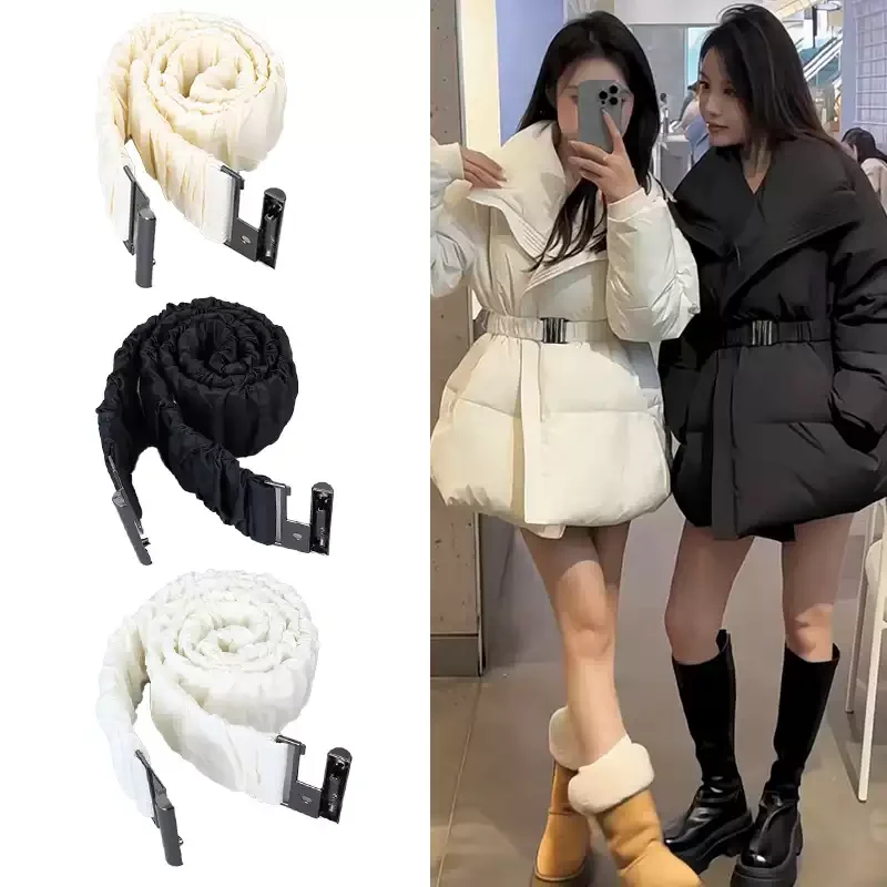 

Elastic Women's down Jacket Waist Belt Silver Buckle Decorative Black White Cotton Coat Special Accessory Loose Fit