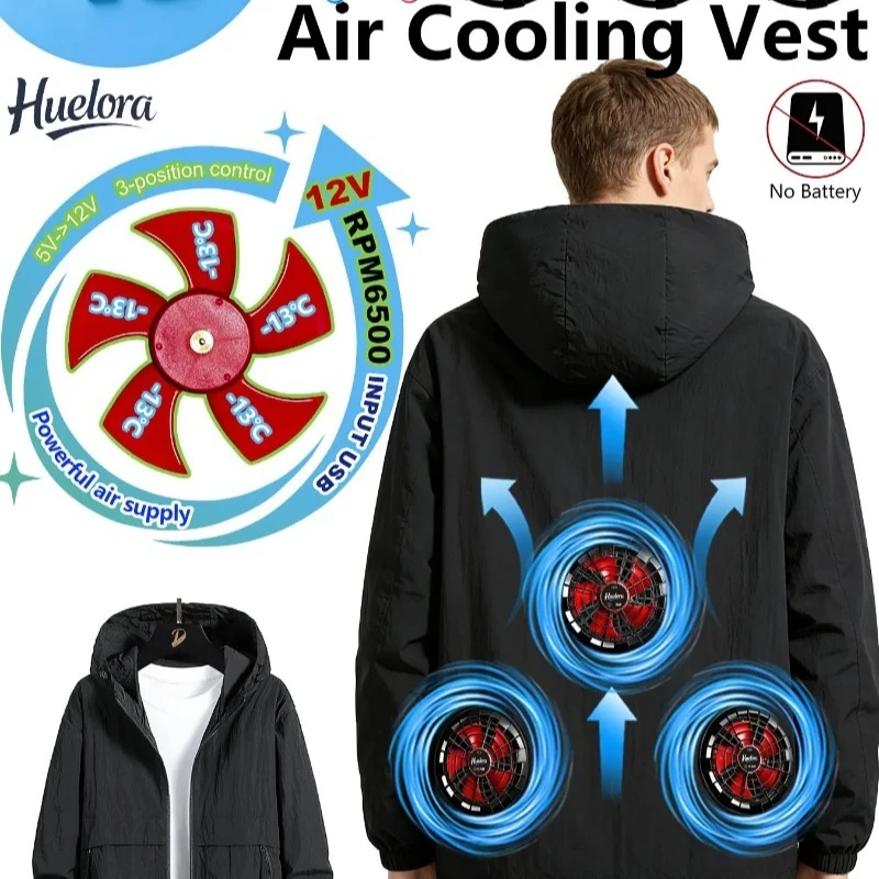 Men Hooded Long Sleeve Air Cooling Jacket with 3 Built-in USB Fans，for Outdoor Fishing Construction Gardening Work