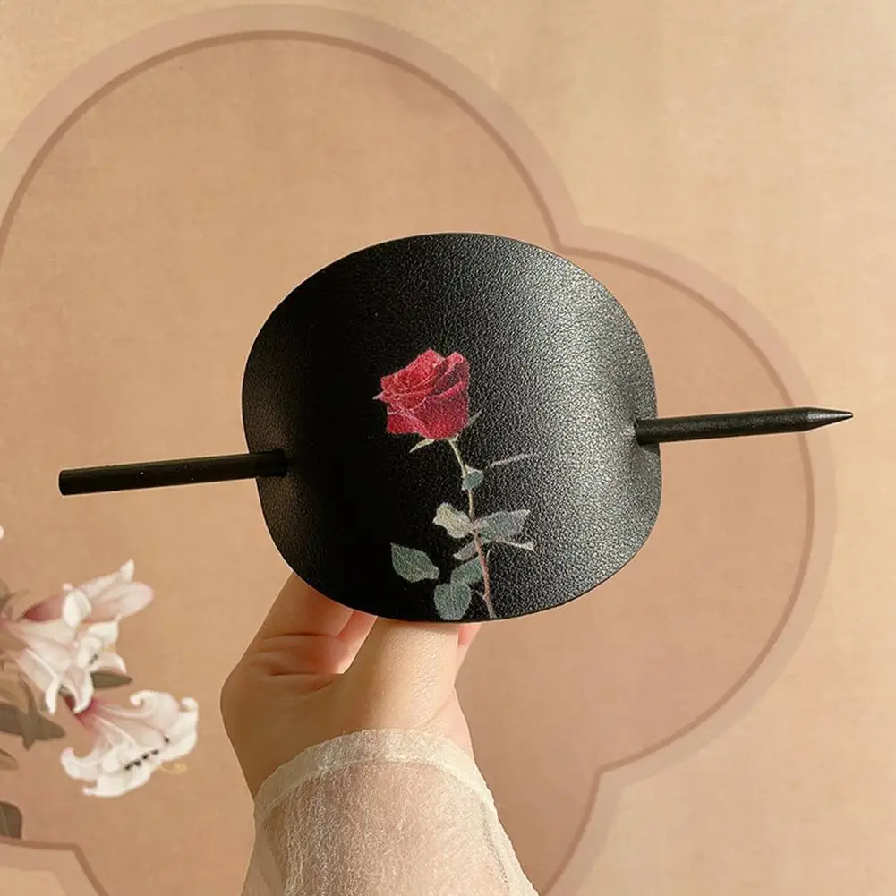 

Crack-resistant Hair Clip Chinese Style Rose Flower Hair Stick with Faux Leather Decor Diy Hairstyle Accessory for Elegant Updos