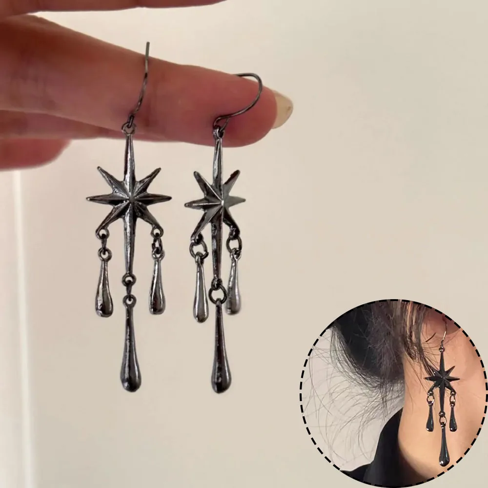 Goth Simple Vintage Black Color Eight Pointed Star Tassels Carving Stereoscopic EarringsAesthetic Charm Party Jewelry Gift
