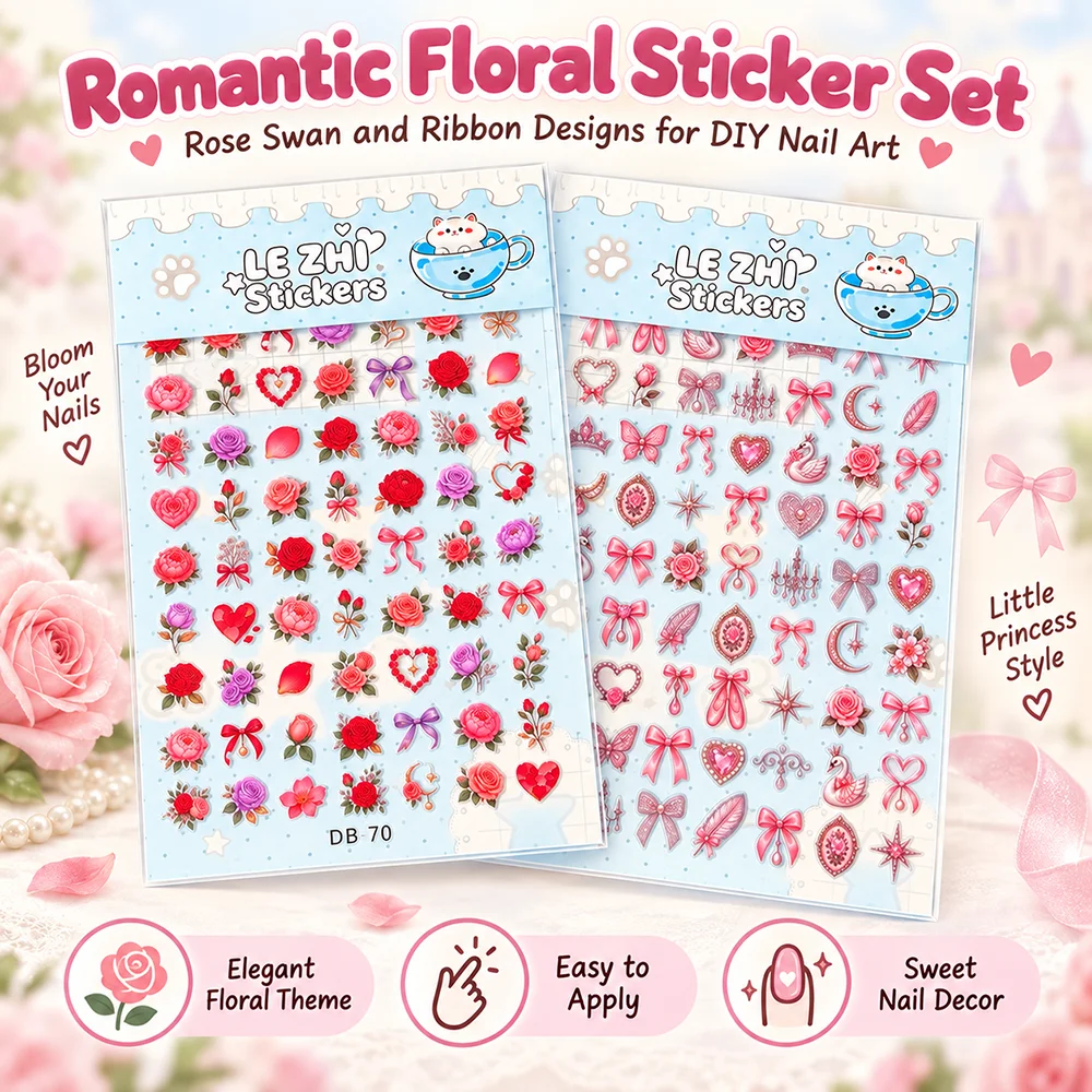 Romantic Nail Art Stickers Rose Swan Ribbon Floral Design Elegant Aesthetic Decals DIY Nail Decoration Scrapbooking Accessories