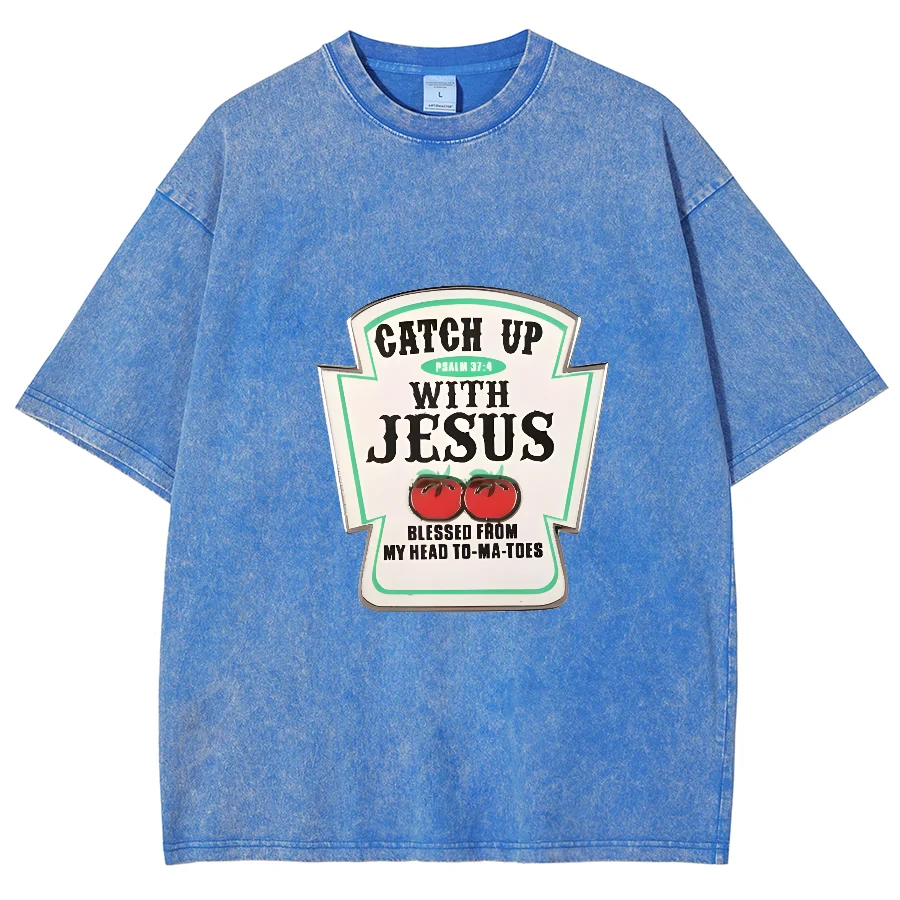 Catch Up With God Y2k Short Sleeves Washed T-Shirt, Creative Printed Unisex Vintage Streetwear New Fashion Casual Tops Plus-Size