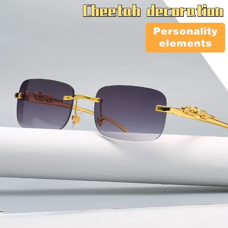 

New Rimless Rectangle Vintage Metal Leopard Head Sunglasses Fashion Frameless Tinted Glasses Shades for Women Men