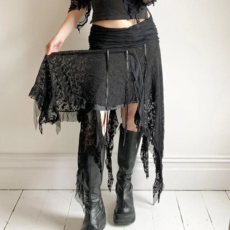 Black Lace Irregular Long Skirt Gothic Style Fashion Women 2000s Vintage Y2k Flowy Skirts Vintage Aesthetic Lady Party Outfits