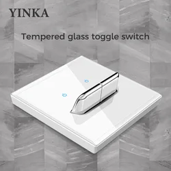 YINKA Crystal Tempered Glass Switch Panel LED Indicator 1 2 3 4 Gang/1 2 Way Self-reset Switch Socket Light Switch White 86*86mm