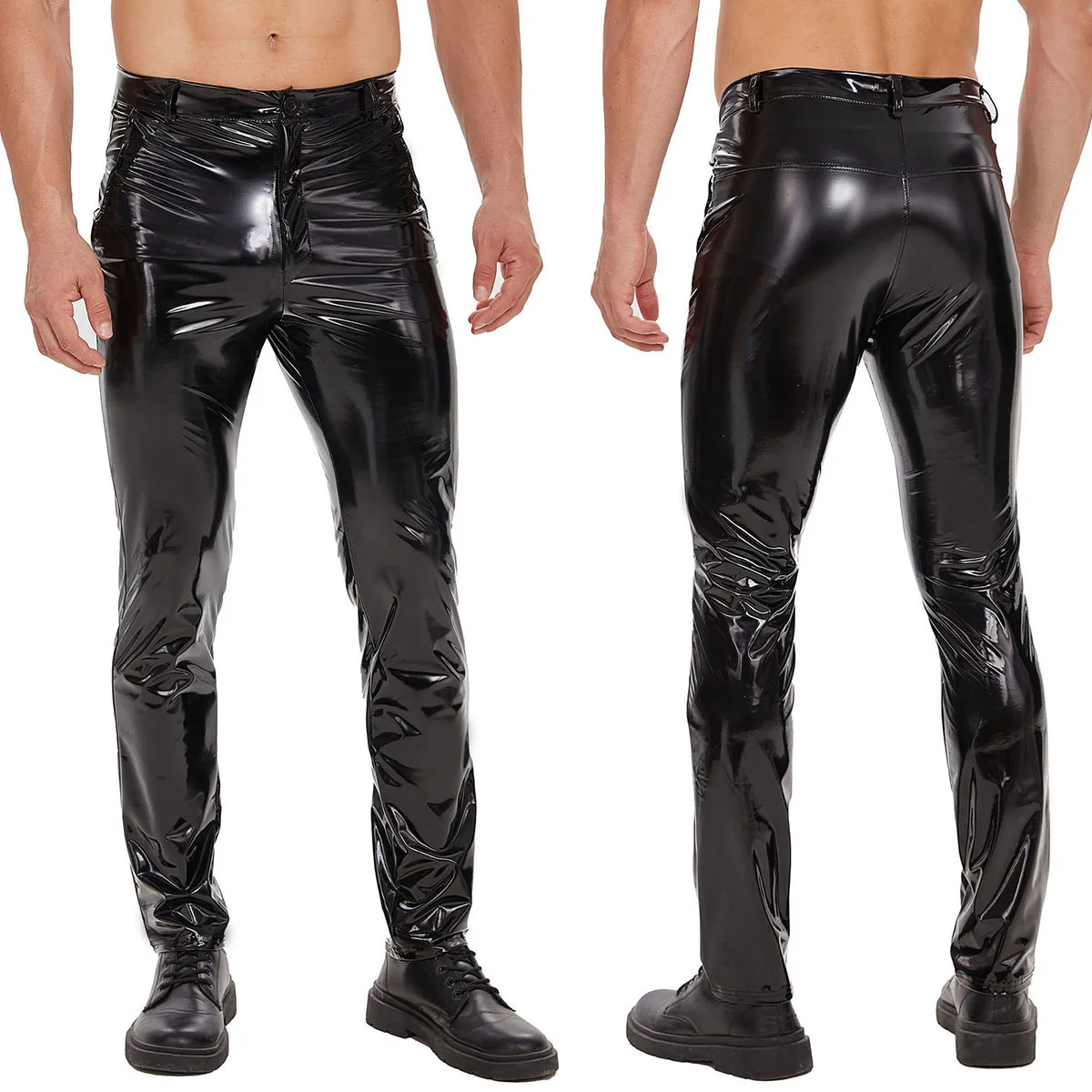 Men's Casual Stylish Straight Motorcycle Biker Punk Style Long Trousers Black Tight Shiny PU Leather Slim Fit Pants with Zipper