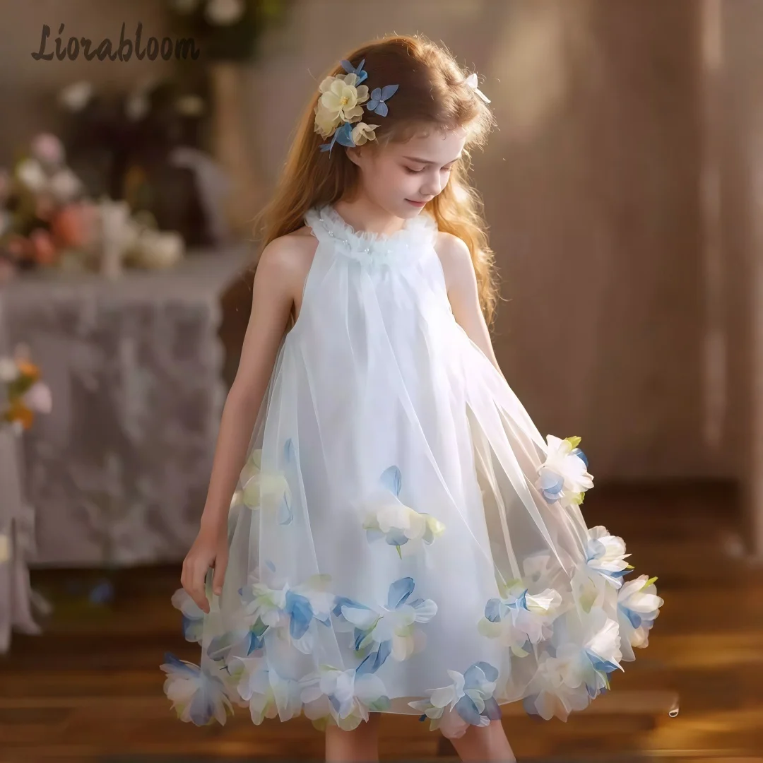 Abito da Cerimonia per Bambina in Tulle Blu con Orlo Floreale, Vestito da Principessa Lungo ed Elegante