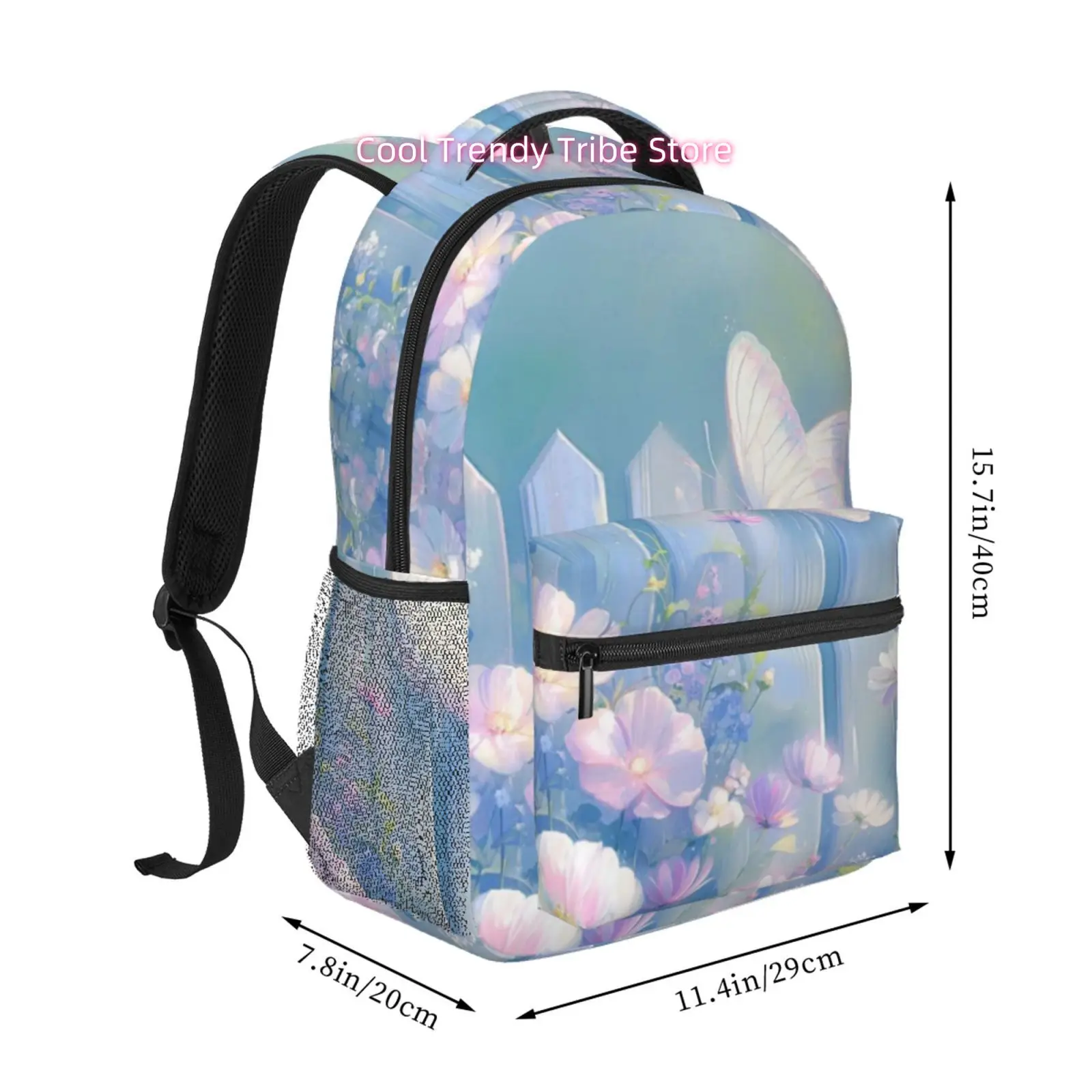 Pastel Garden Butterfly Print Backpack, Oxford Cloth Adjustable Strap Casual Daypack for Commute, Work