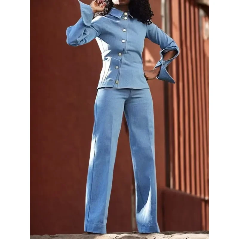 Yeezzi 2024 New Autumn Long Sleeves Fashion Slanted Single-breasted Lapel Blouse & High Waist Straight Pants Suits For Women