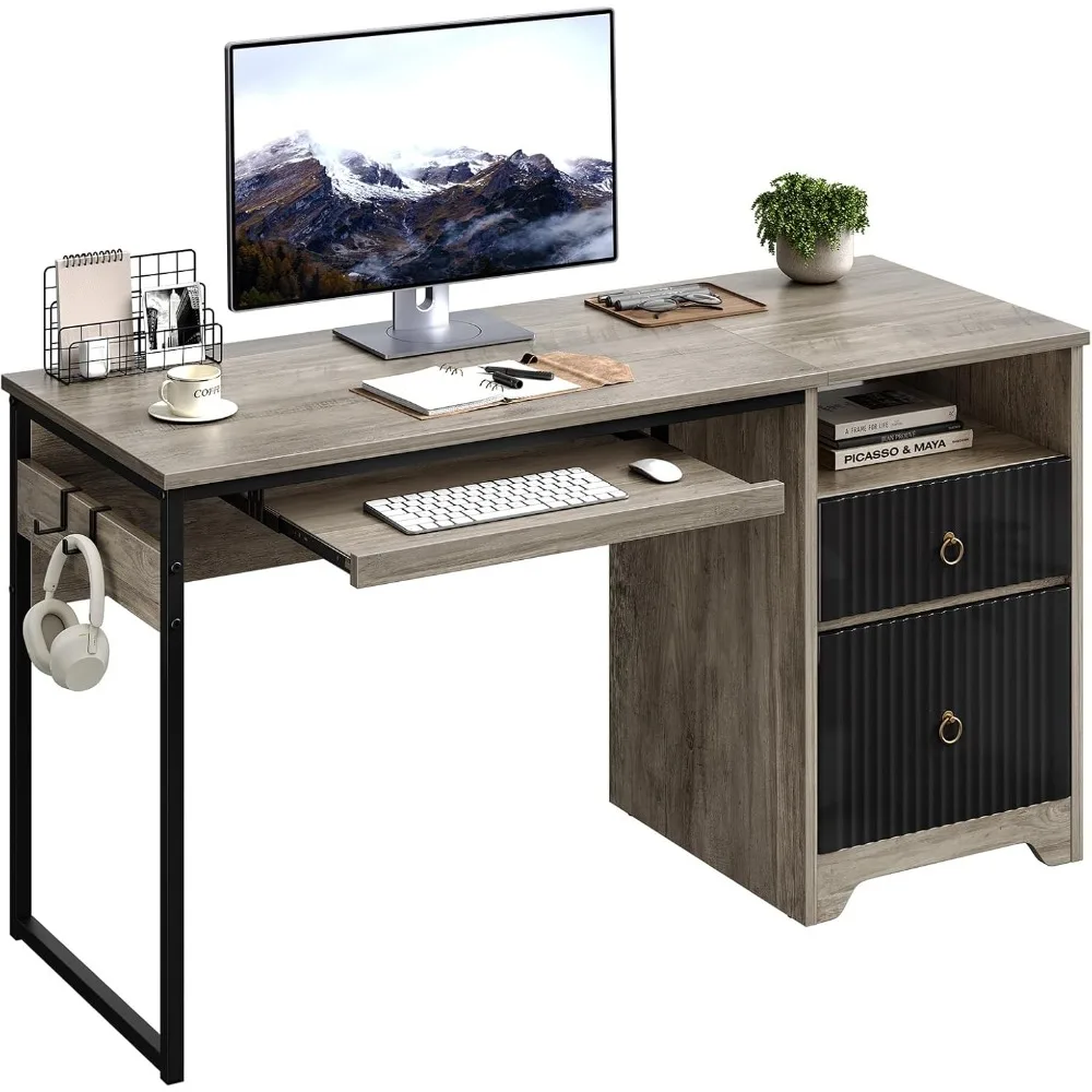 

55 Inch Computer Desk with Keyboard Tray, Modern Office Desk with Storage, Wood Writing Desk with File Drawer, Fluted Panel & 2