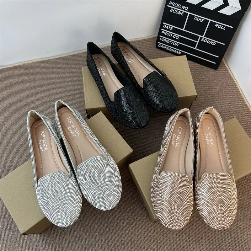 Rhinestone Shiny Loafers Shoes for Women Casual Streetwear Silver Flats Shoes Luxury Diamond Soft Black Ladies Shoes on Offer