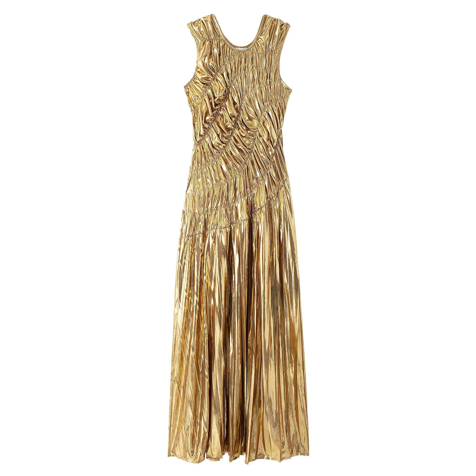 

Fashion Gold Color Sleeveless Sexy Maxi Dresses for Women Streetwear Trendy Casual Slim Eleagnt Pleated Dress Female Clothing