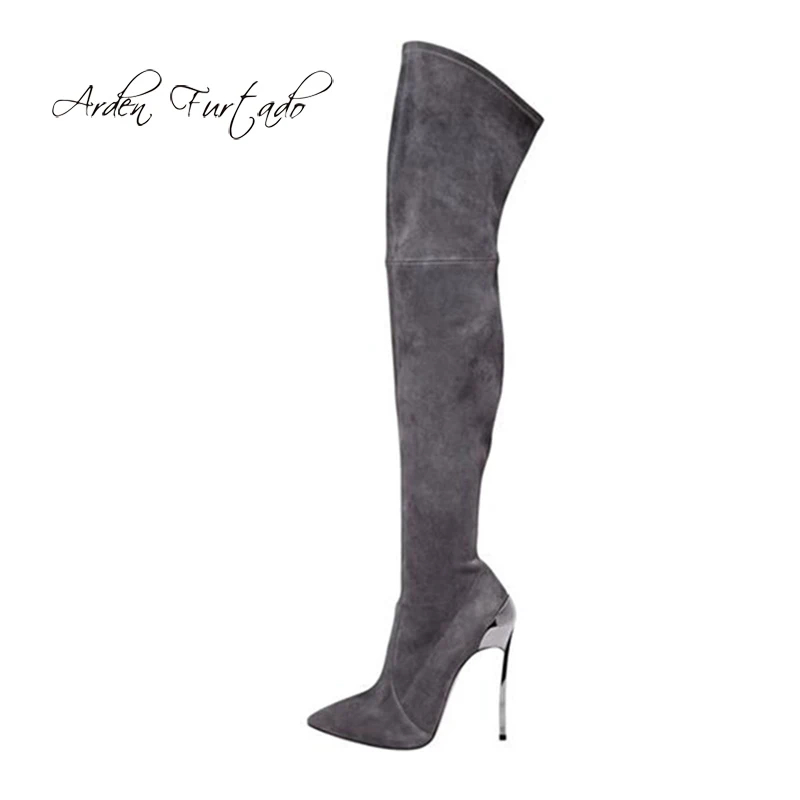 Arden Furtado 2024 Autumn Elastic Suede Metal Thin heels Over The Knee Boots Pointed Toe Super high heel pretty leg Skinny boots