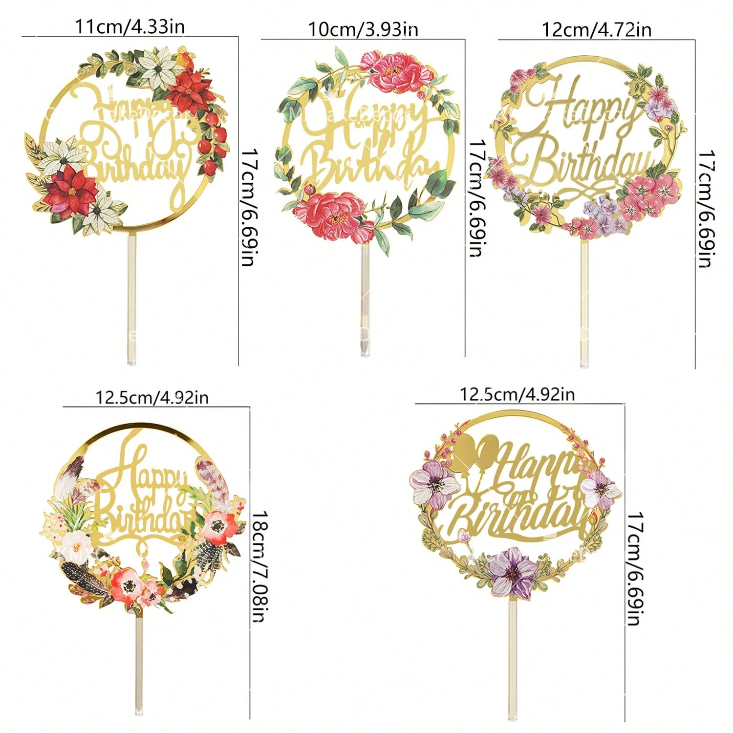 3-teiliger Blumenkranz Happy Birthday Tortendekoration Acryl Gold Spiegel Tortenstecker für Mädchen Frauen Geburtstagsparty Kuchendekoration – Detail 8