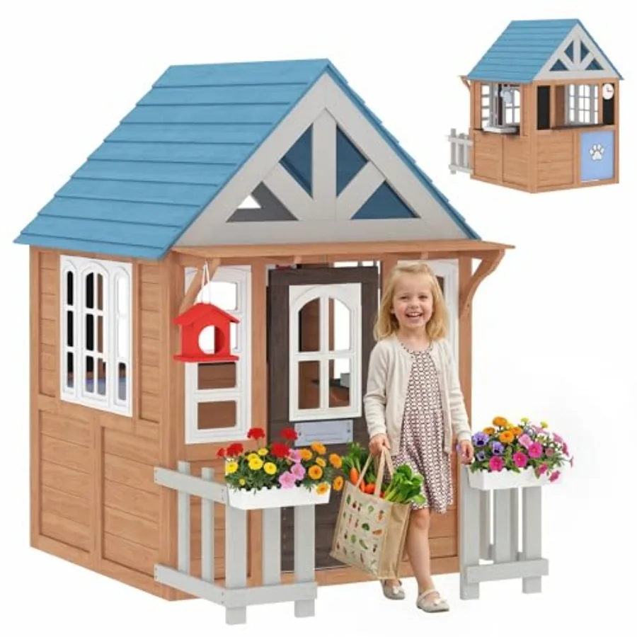 

Outdoor wooden playhouse for pretend play in garden, backyard or indoor playroom, brown finish with pet door, play kitchen, mai