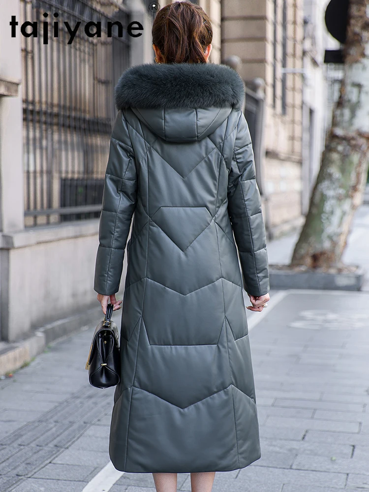 TAJIYANE 100 % Schaffell, weißer Gänsedaunenmantel, lange Pufferjacke aus echtem Leder, Damen mit Fuchspelzkragen, Winterkleidung 2025 Durant Mohamed