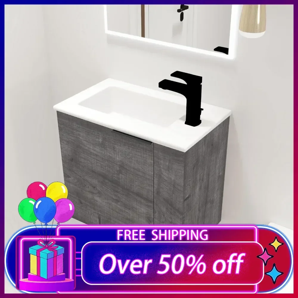 

22 Inch Single Sink Wall Mounted Bathroom Vanity, with 1 Door and White Ceramic Basin Sink Top, 22" Floating Bathroom Vanity