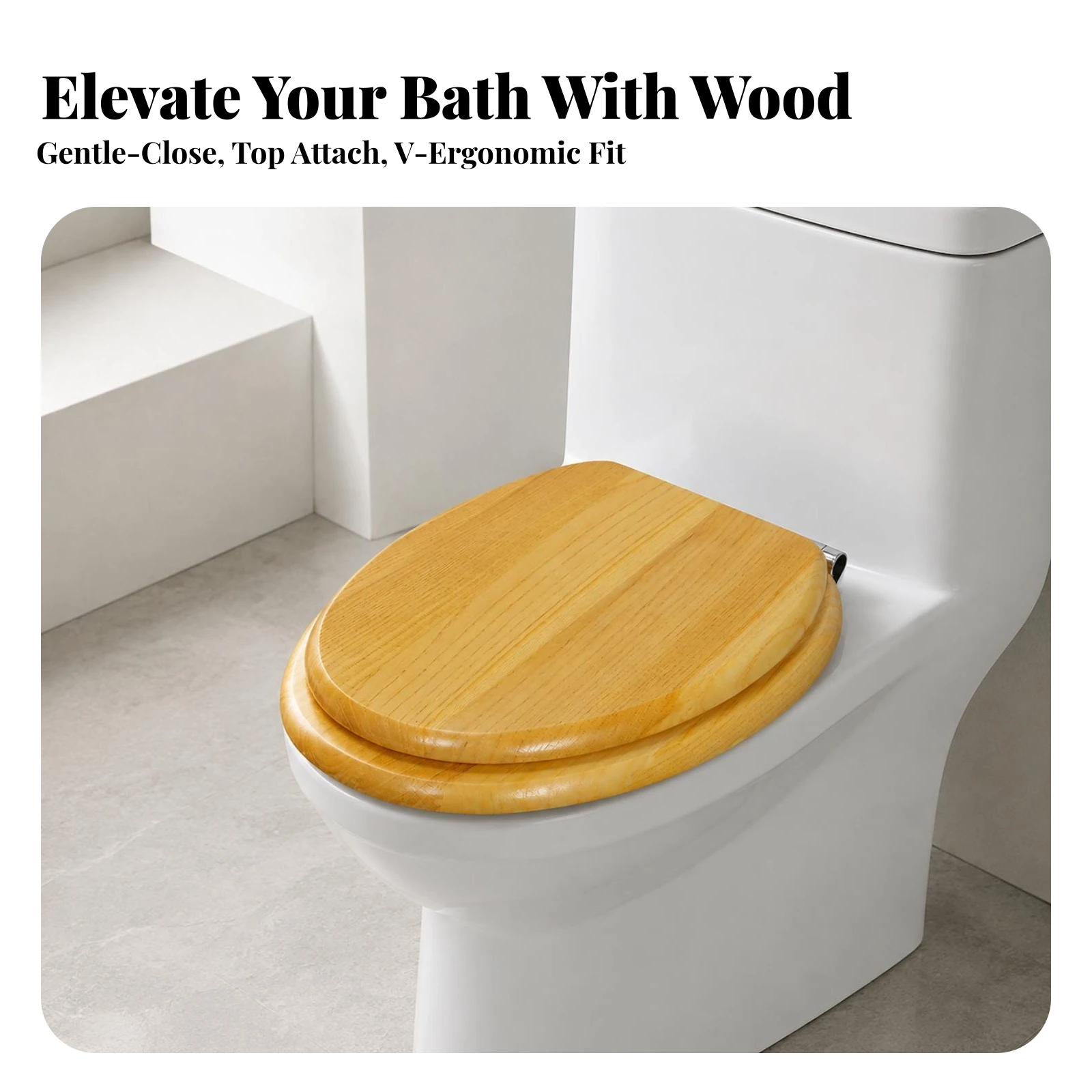 Wooden Toilet Seat Top-Mount Wood Toilet Seat Hardware Natural Grain Polished for Homeowners, Bathroom, Restroom
