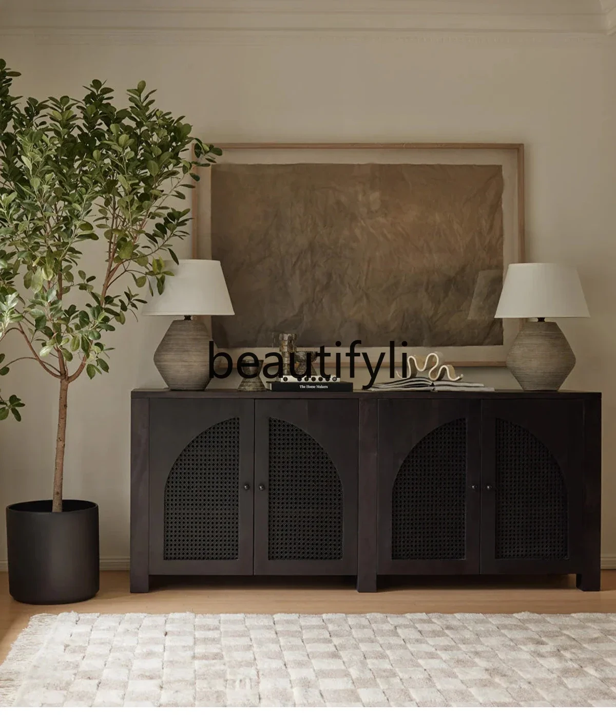 

TV cabinet All solid wood living room Large capacity locker Moluya black cabinet Simple cabinet