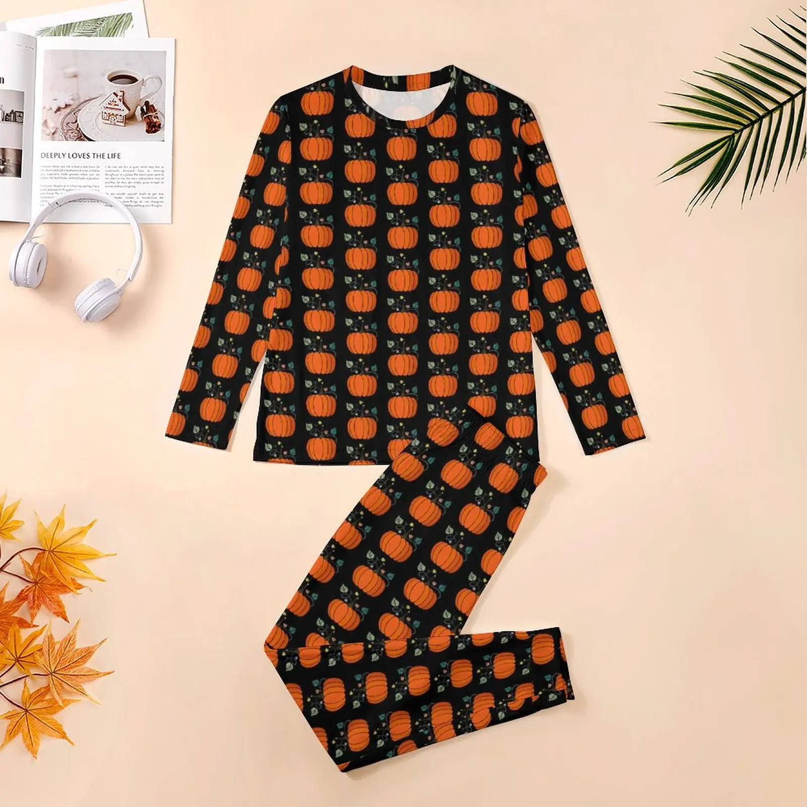 Halloween Pumpkin Pajamas Men Vegetable Print Fashion Sleepwear Daily Long-Sleeve 2 Pieces Casual Custom Pajama Sets Big Size