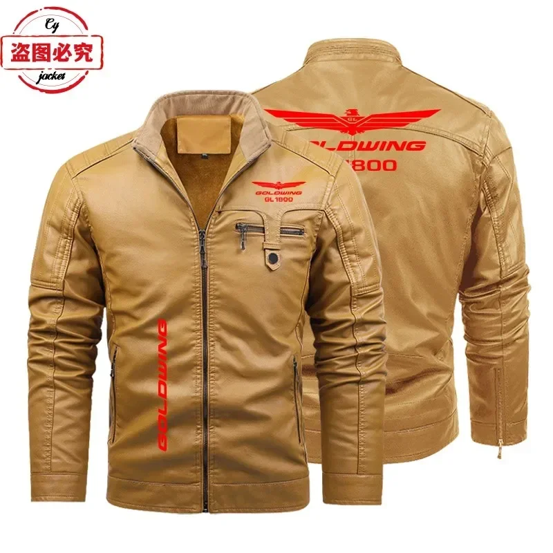 Retro Washed PU Leather Jacket, Warm and Windproof, Men's Gold Wing 1800 Motorcycle Logo Printed Solid Color Jacket,team Uniform