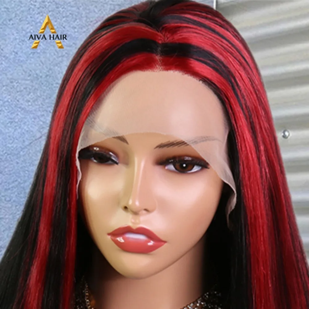 AIVA Straight Lace Front Wig for Woman New Synthetic Red Black Colour Cosplay Wig Drag Queen Glueless Heat Resistant Preplucked